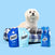 A small white dog sitting on a plaid-patterned pet bed with SWIFF pet odor neutralizer bottles in front.